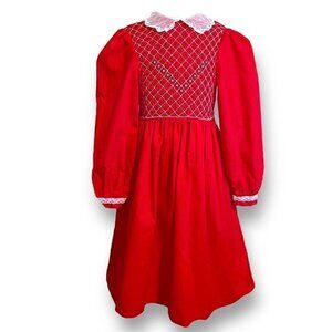 Polly Flinder Girls Dress Sz 10 Vintage 1980s Red Smocked Lace Collar Christmas